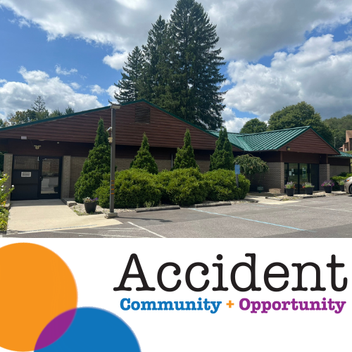 photo of Accident Library - text of Accident with Community + Opportunity in blue and purple