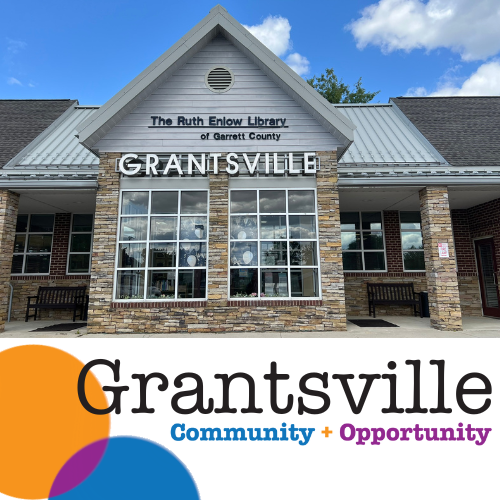 Grantsville Library photo - text of Grantsville with Community + Opportunity in blue and purple