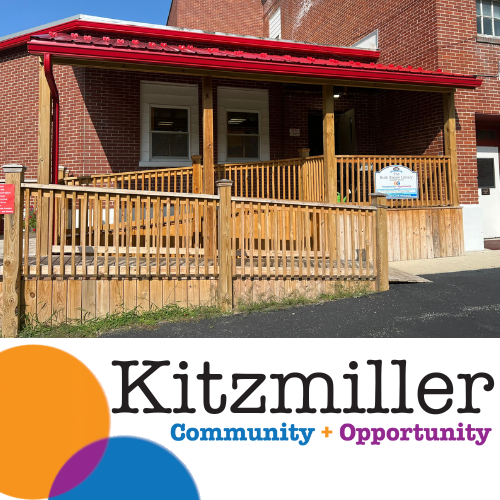 Kitzmiller Library photo - text of Kitzmiller with Community + Opportunity in blue and purple