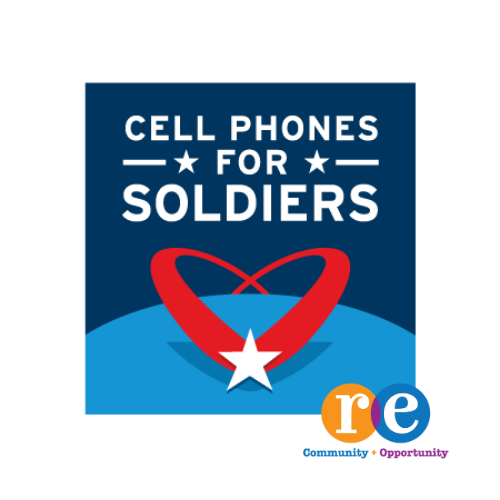 Cell Phones for Soldiers logo - heart with star and RE Community + Opportunity logo