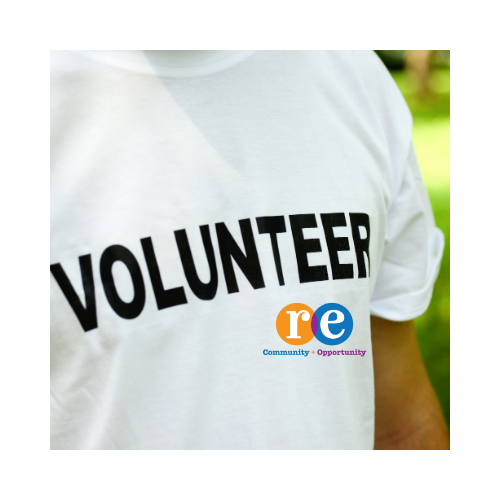 White t-shirt with Volunteer text in black and RE Community + Opportunity logo