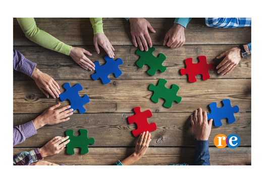 People touching a puzzle piece of blue, green and red coming together; RE logo at bottom