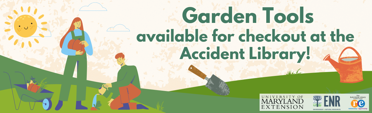 Gardening tools ad, gardeners, sun, trowel, watering can, grass, REL logo, UMD Extension logo, Environment and Natural Resources logo