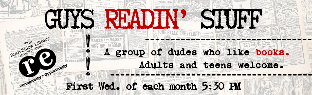 REL logo, newspaper, Guys Readin' Stuff flyer