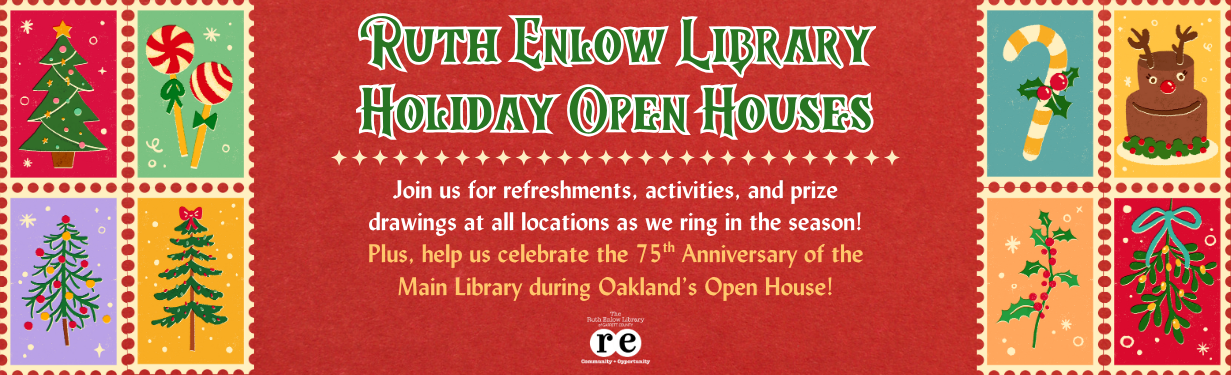 holiday stamp graphics surrounding advertisement for the Ruth Enlow Library of Garrett County's Holiday Open Houses
