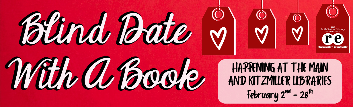advertisement for the Main Library's February Blind Date with a Book reading challenge, library logo, decorative images