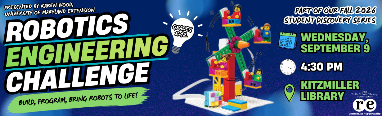 Robotics Engineering Challenge at Kitzmiller Library with photo of LEGO Ferris Wheel attendees will be building