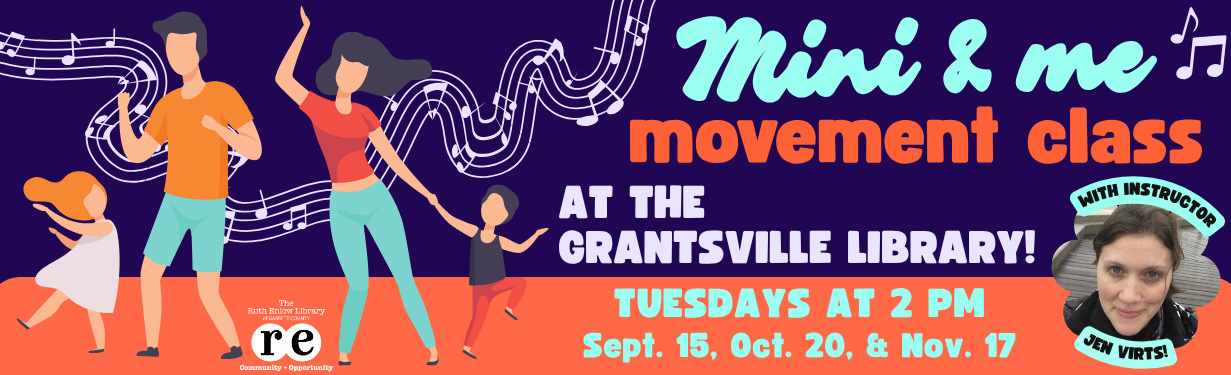 Mini & me movement classes web slide with headshot of Instructor Jen Virts, cartoons of dancing parents and children, and music notes