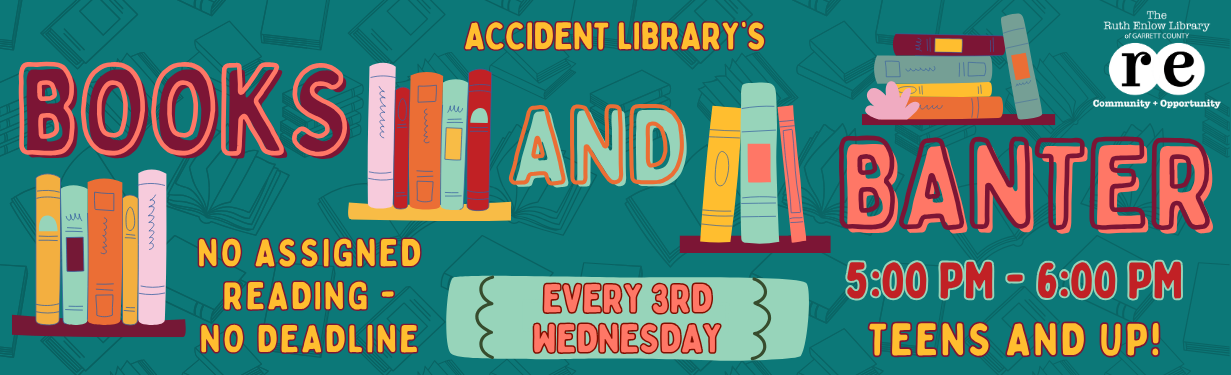 Books and Banter Book Club at Accident Library website advertising image featuring shelves of books interspering the title words