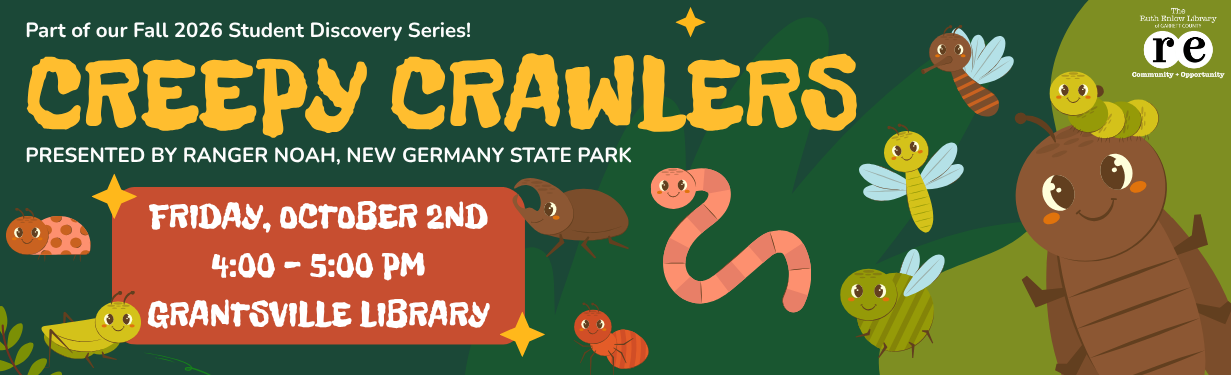 Creepy Crawlers student discovery series program website image featuring happy and cute bugs of all sorts.