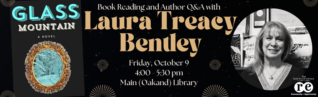 Laura Treacy Bentley author visit monitor image featuring author photo and Glass Mountain book cover, with library logo