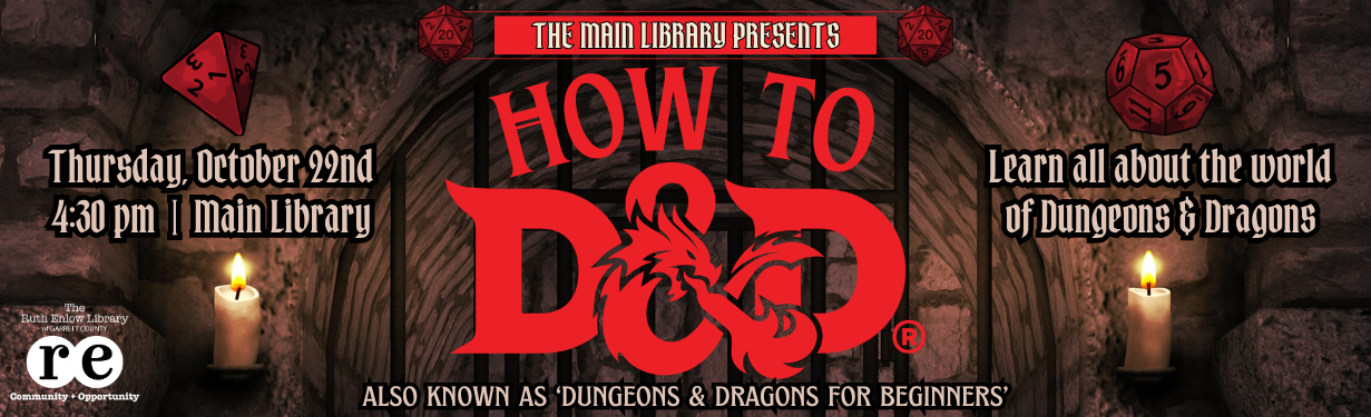 how to D&D at the Main Library website carousel banner with D&D monogram and library logo