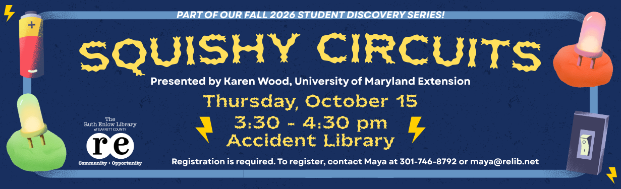 Cartoon electricity circuit using play-doh as conductors, Squishy Circuits website banner featuring library logo