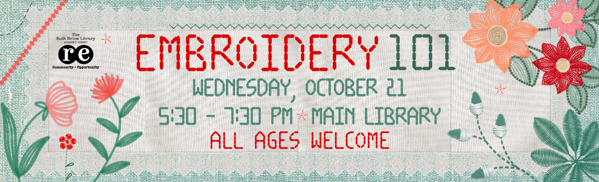 Embroidery 101 website banner featuring stitched floral designs in turquoise and red. Includes library logo.
