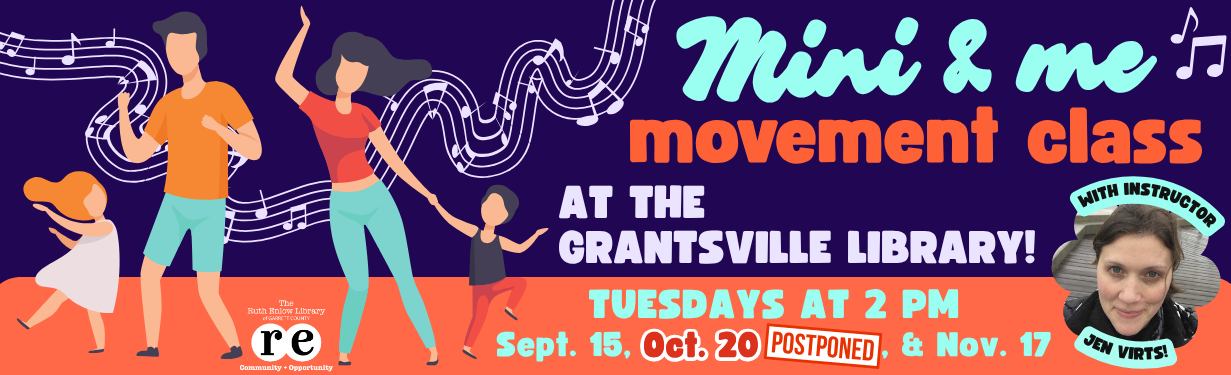 Mini & me movement classes web slide with headshot of Instructor Jen Virts, cartoons of dancing parents and children, and music notes