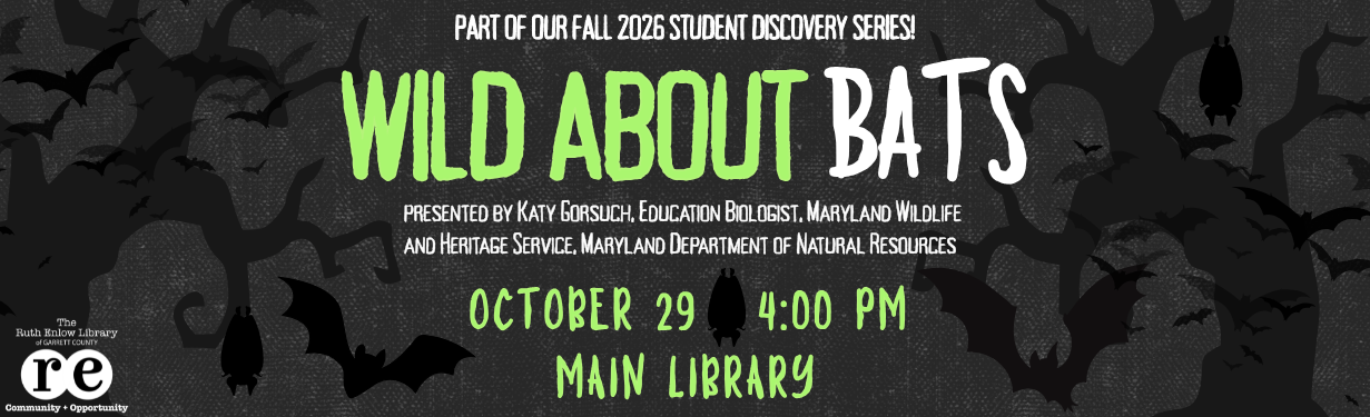 wild about bats website slide image - decorative bat and spooky tree elements, event details, library logo