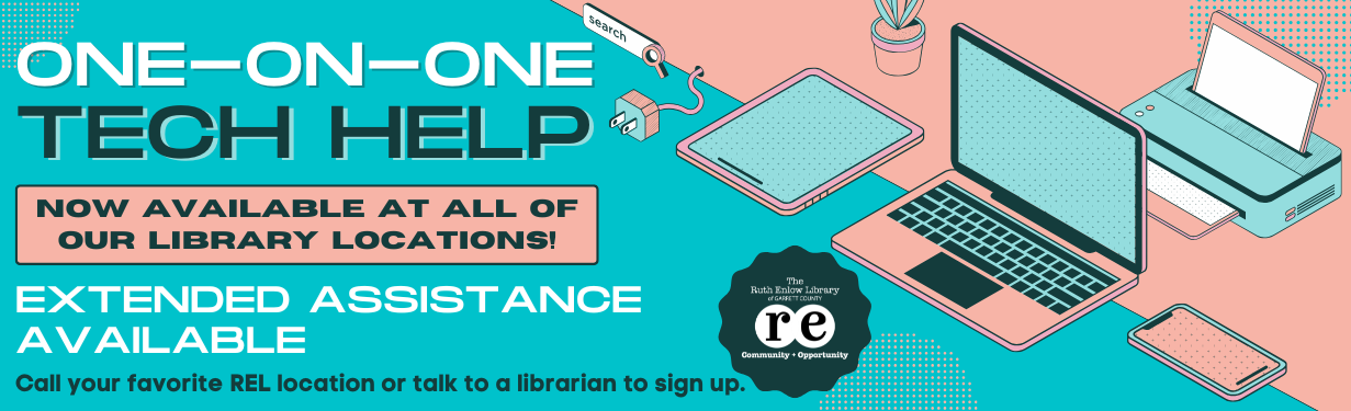 tech help advertising banner featuring decorative tech images and library logo