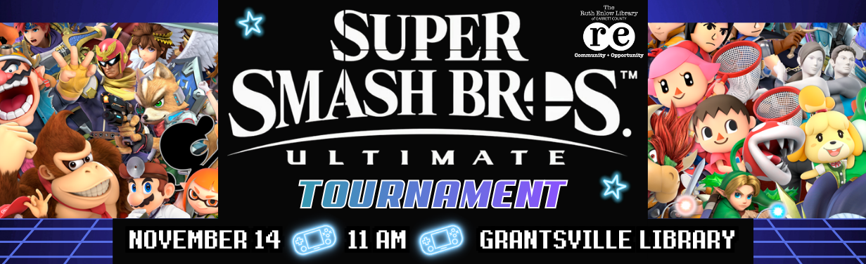 Super Smash Bros. Tournament banner with Nintendo game logo and characters, plus library logo