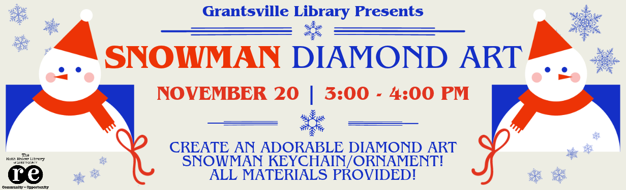 Snowman Diamond art website slide with library logo and geometric snowmen, includes all event details mentioned below