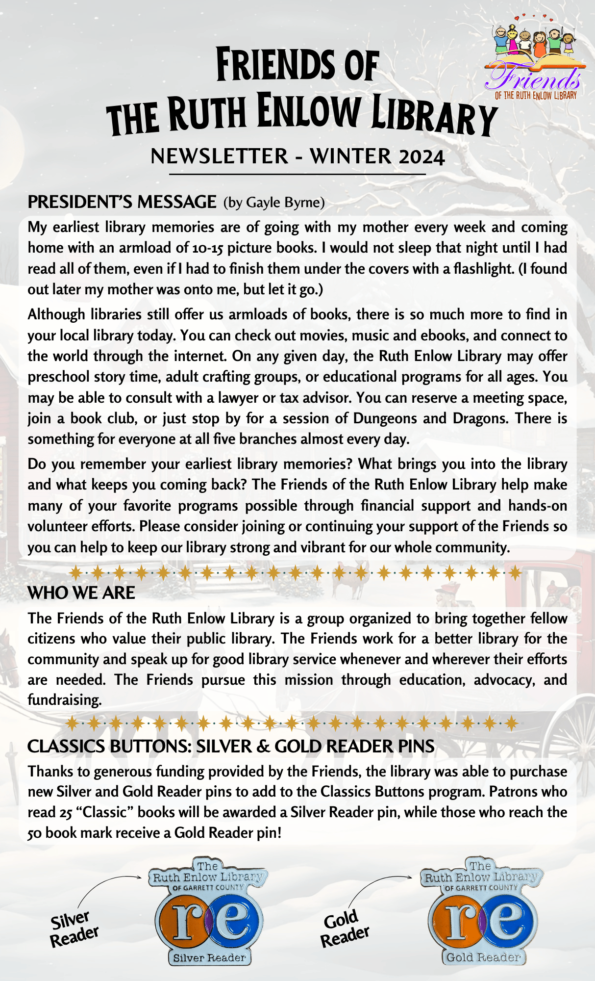 Friends of the Library Winter Newsletter 2024 Page 1 friends of the library logo, photos of classics buttons pins, winter scene background