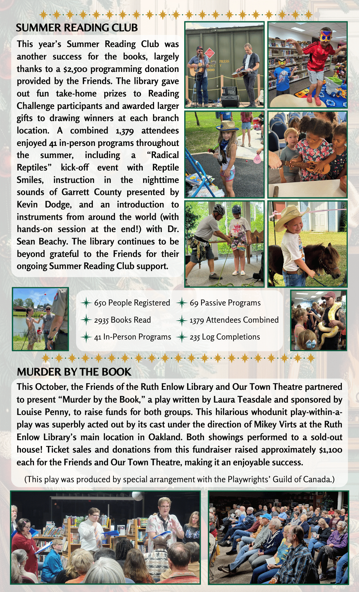 Friends of the Library Winter Newsletter 2024 Page 2 friends of the library logo, photos of summer reading club events, winter scene background