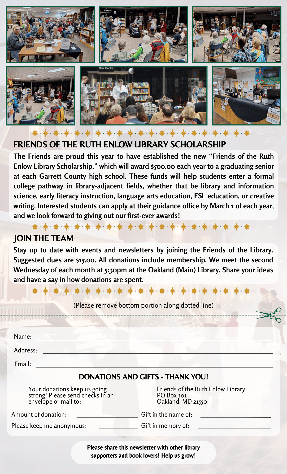 Friends of the Library Winter Newsletter 2024 Page 3 friends of the library logo, photos from summer reading club programs , winter scene background