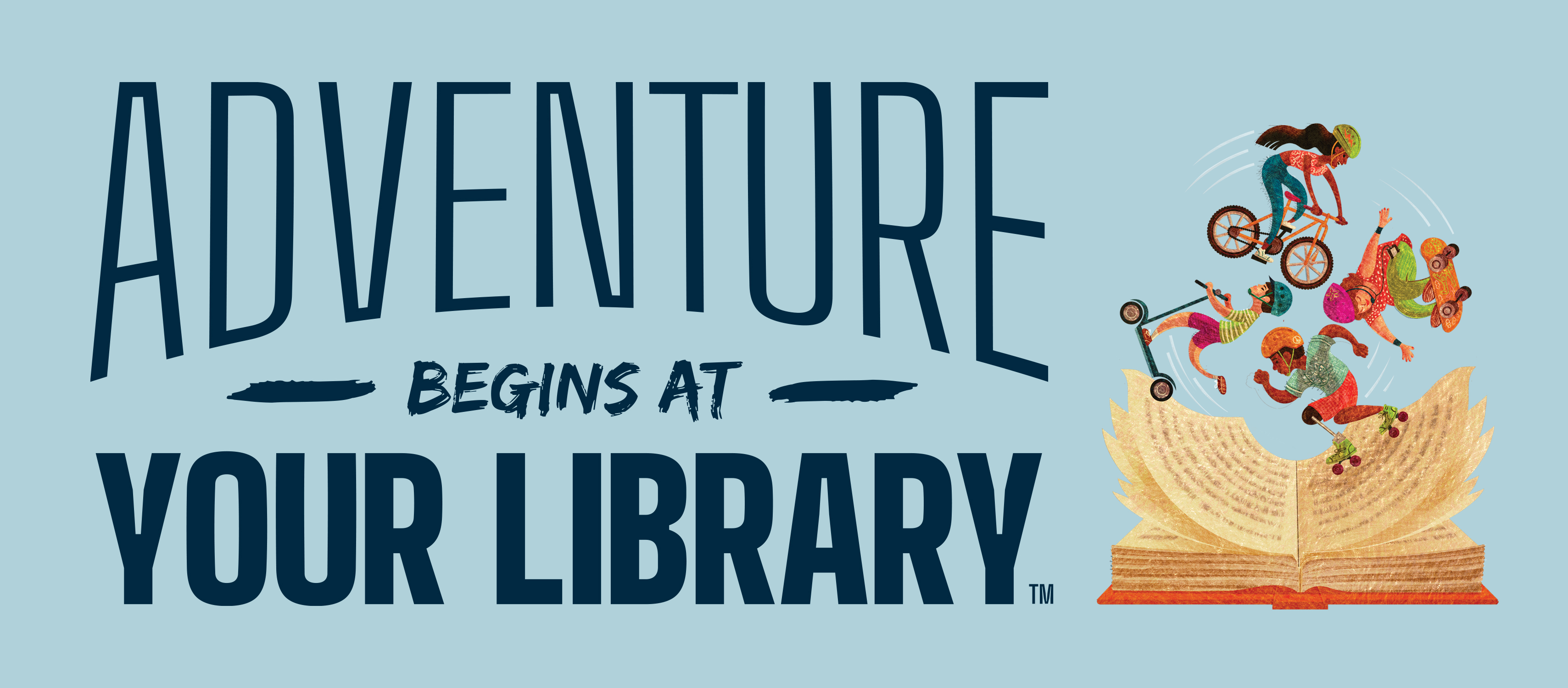 Summer Reading Club 2024 logo - book open with 4 children skating, riding bikes through open pages