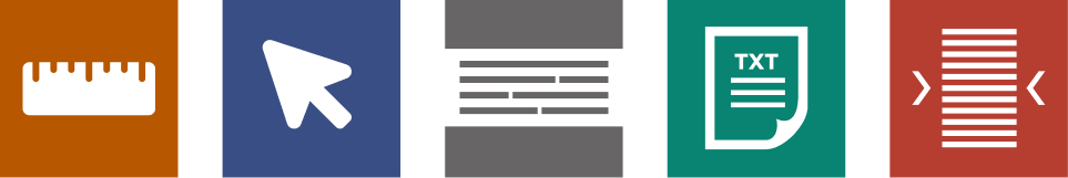 5 buttons for focus - orange ruler, blue cursor, grey screen mask, green page options, red margins