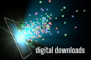 Digital downloads graphic with tablet and pixels flowing from screen