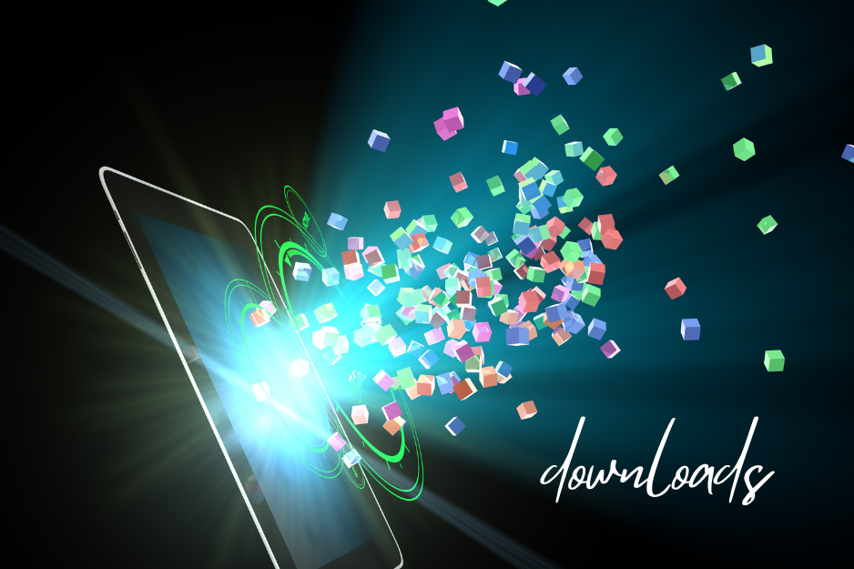 image of tablet screen with digital blocks floating out