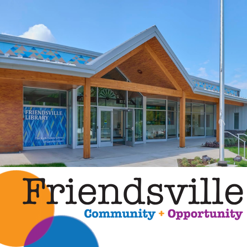 photograph of the new Friendsville Library in late Summer - text of Friendsville with Community + Opportunity in blue and purple