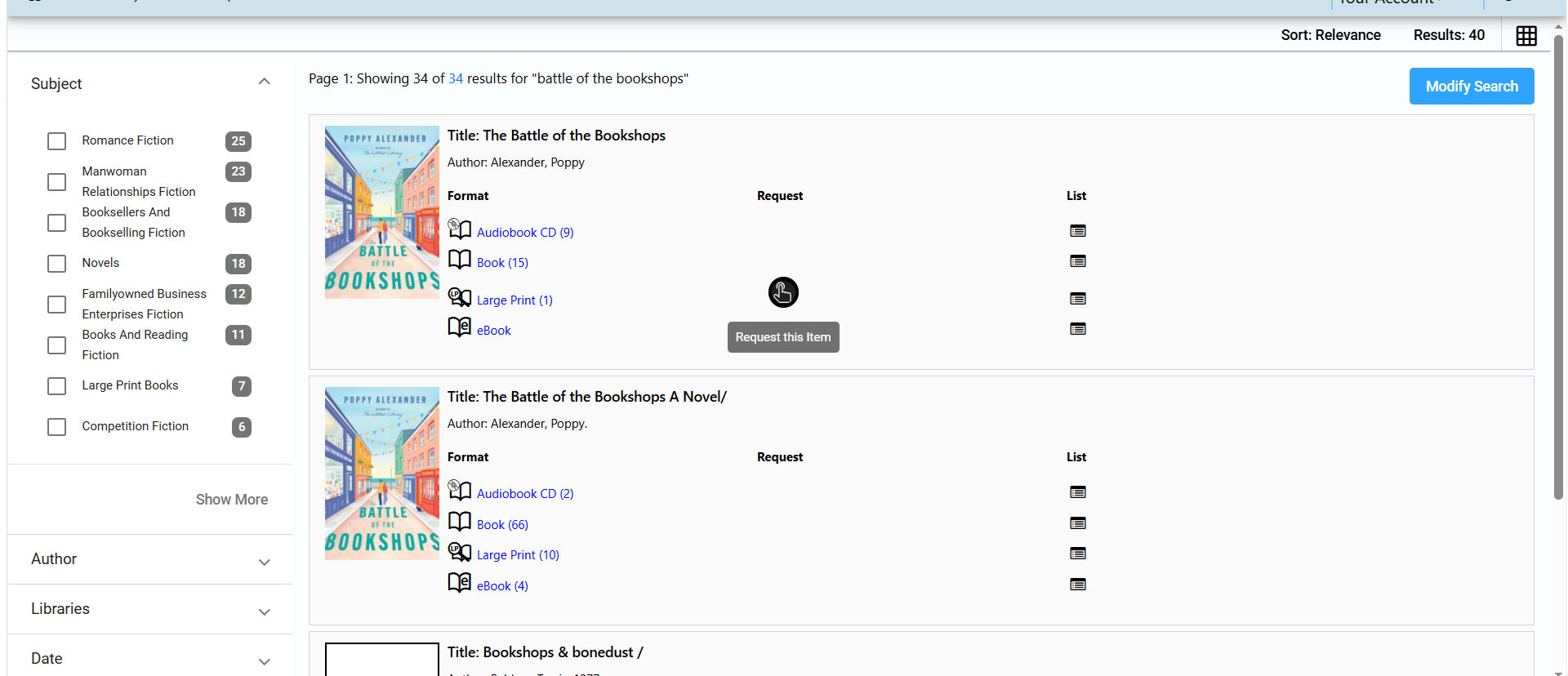 Screen capture of brief record details