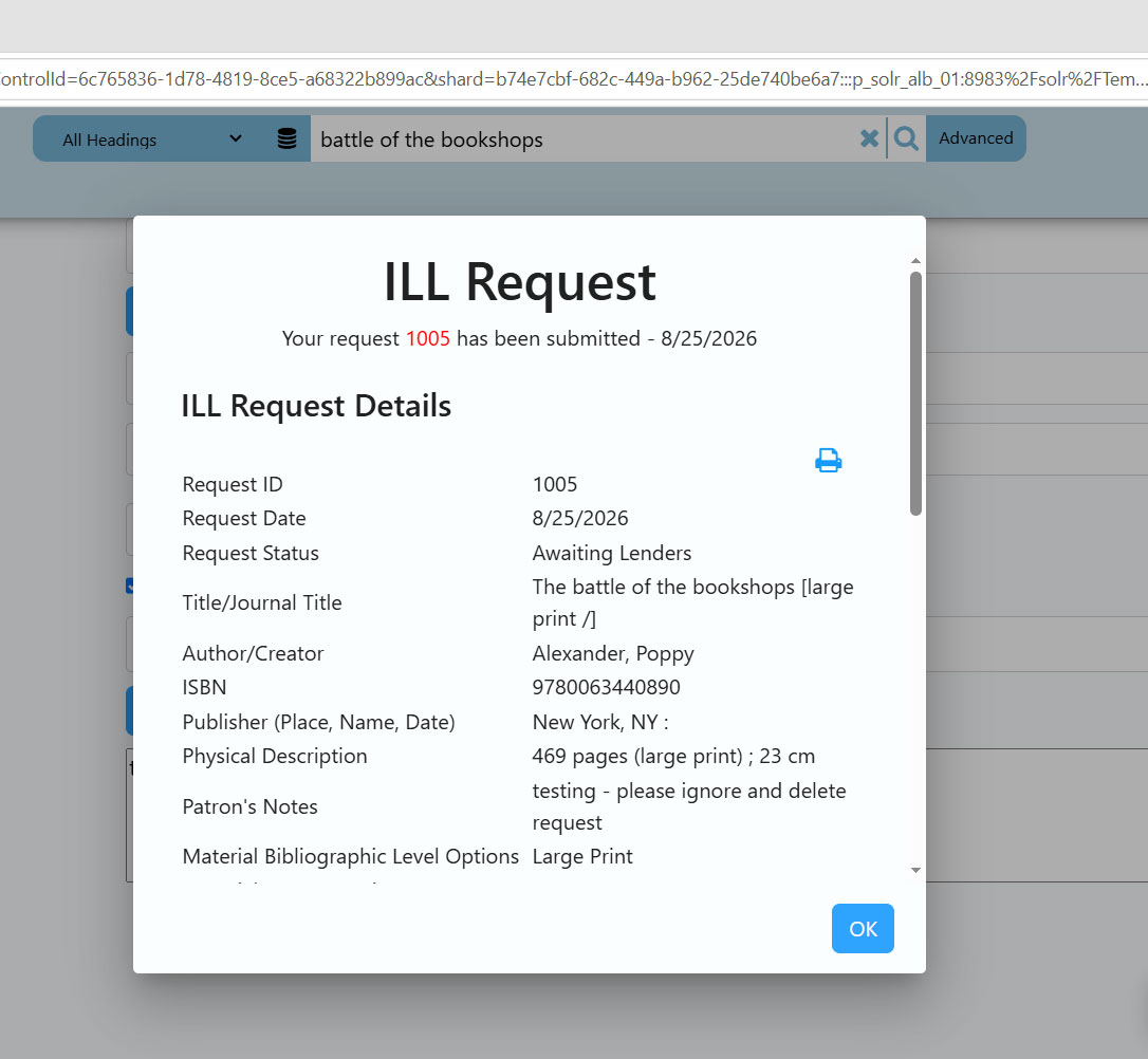 screen capture of confirmed ILL request