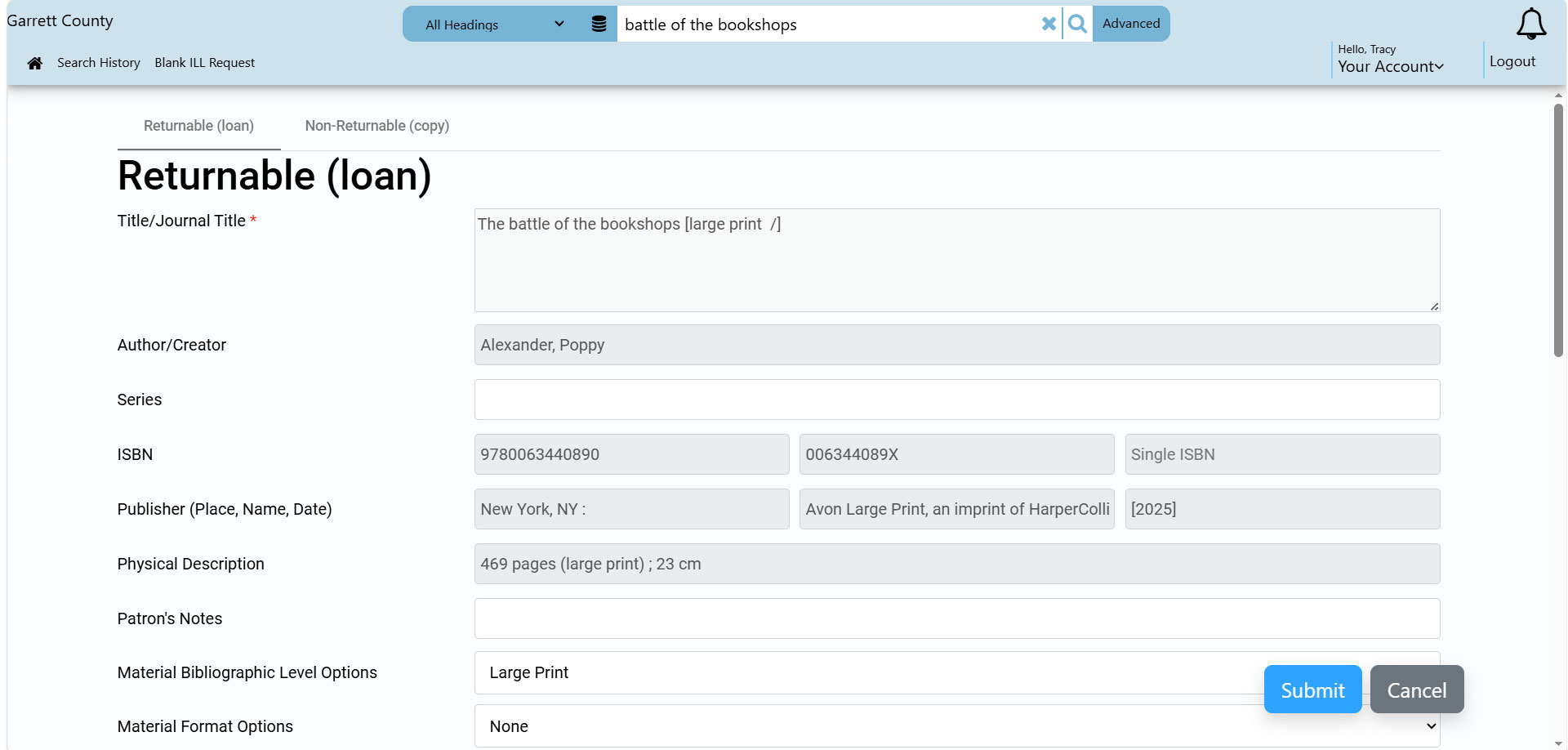 Screen capture of request selected