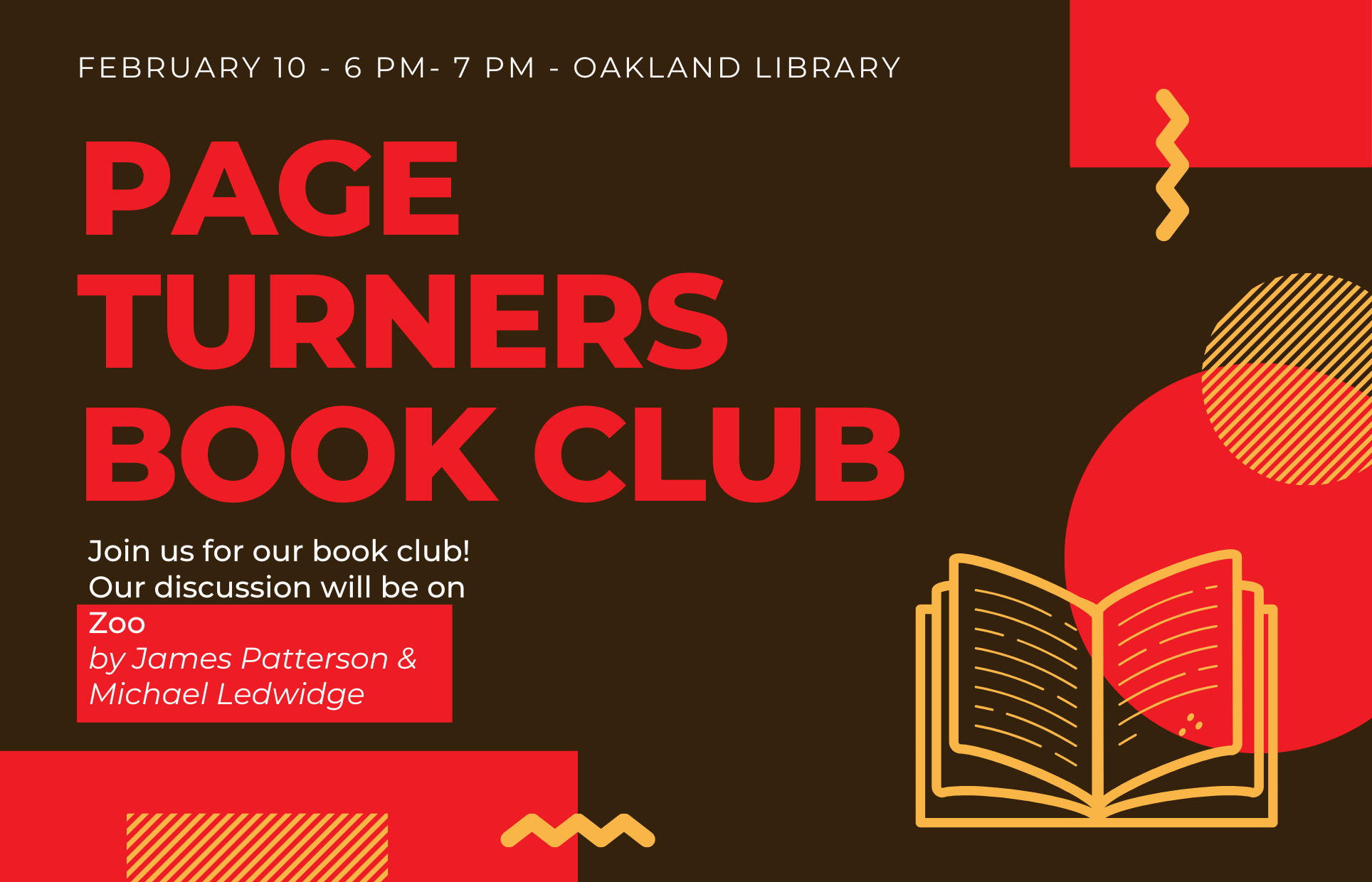open book, shapes, ad for Page Turners Book Club