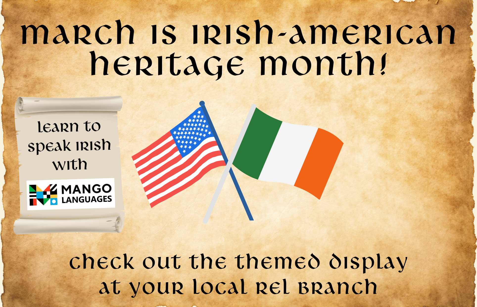 irish flag, american flag, scroll, Mango languages logo