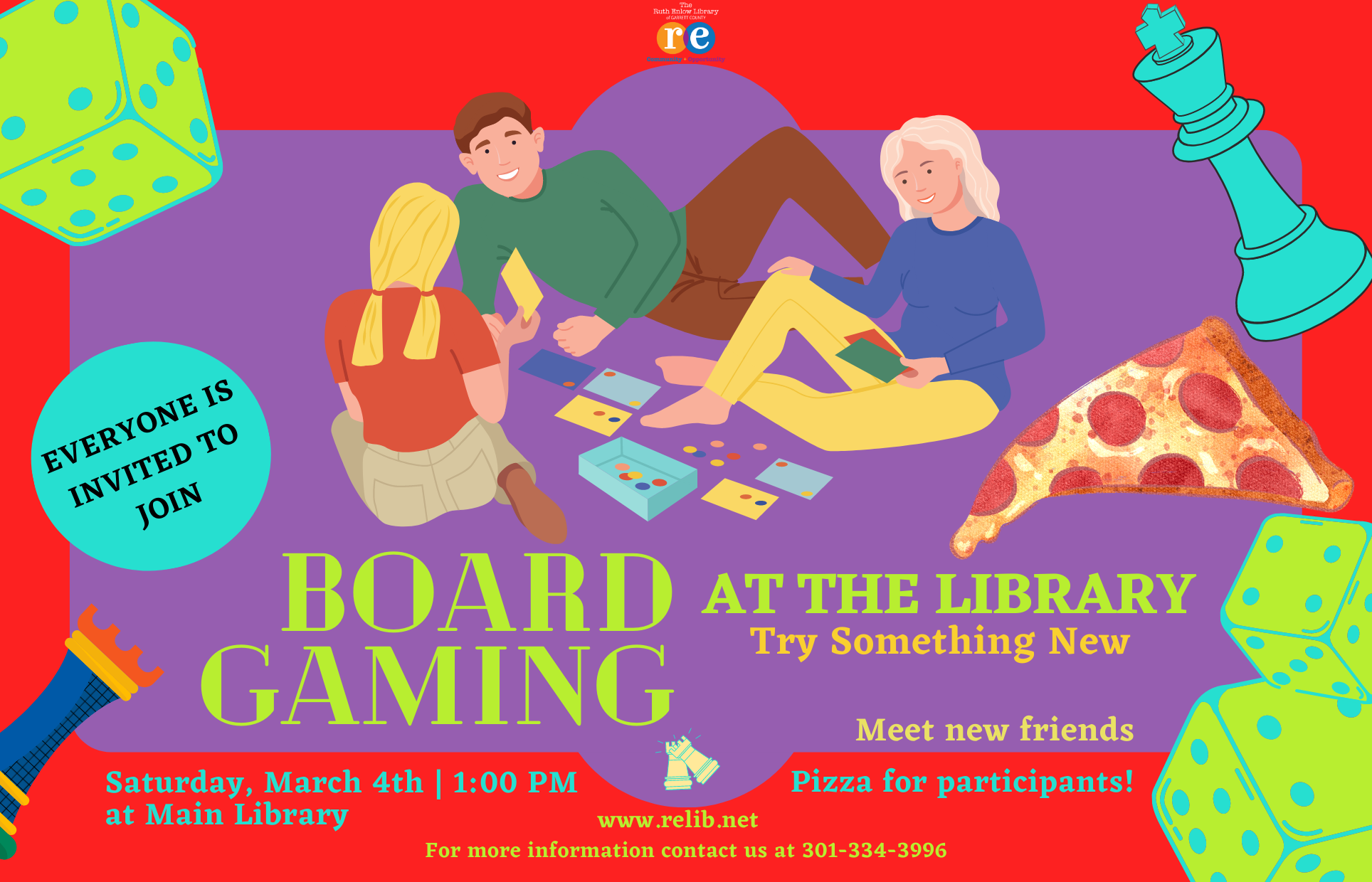 Cartoon of game pieces, pizza, and cartoons playing board games