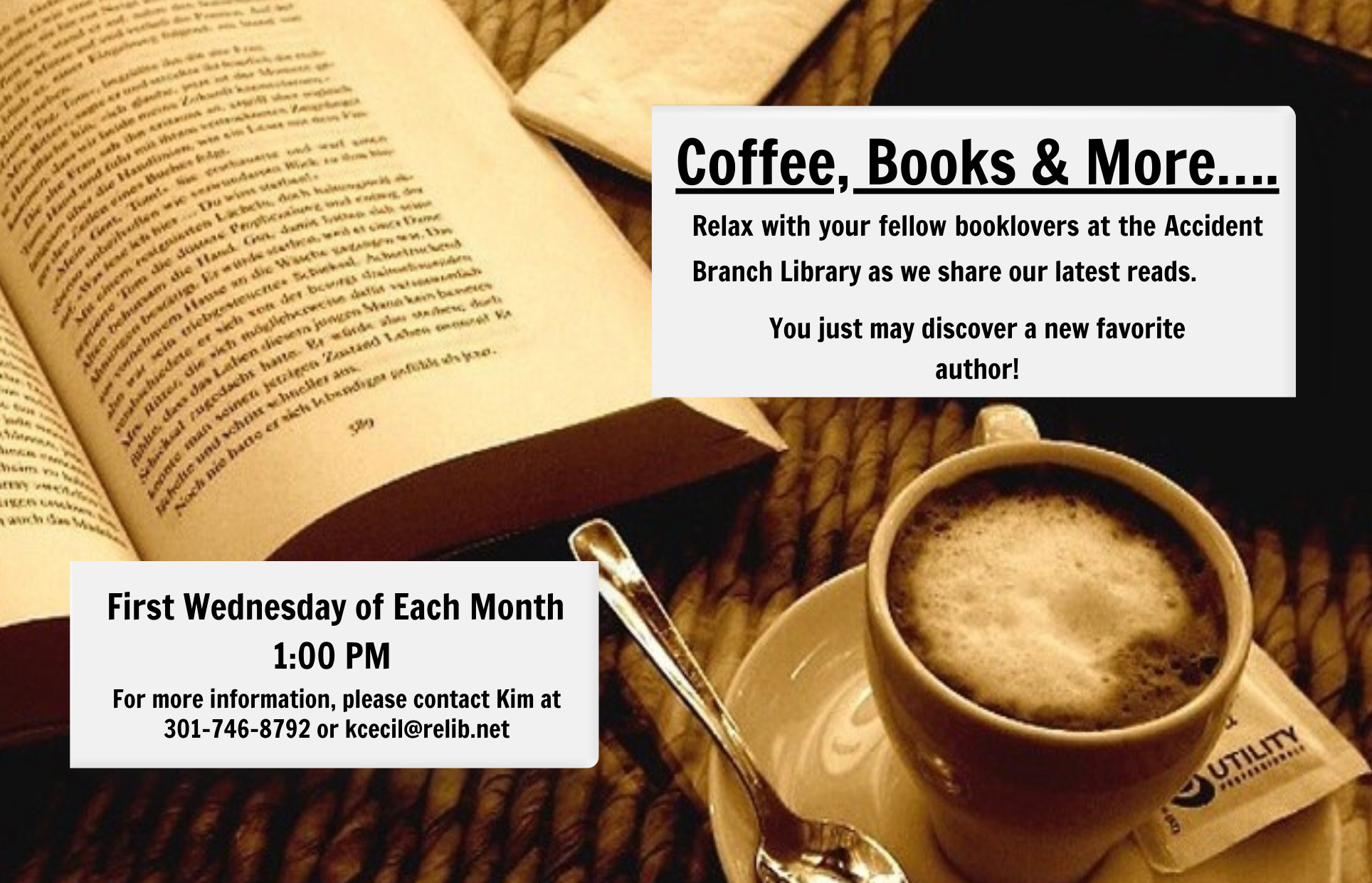 Coffee, Books & More at the Accident Branch Library 1st Wednesday of Each Month @ 1PM