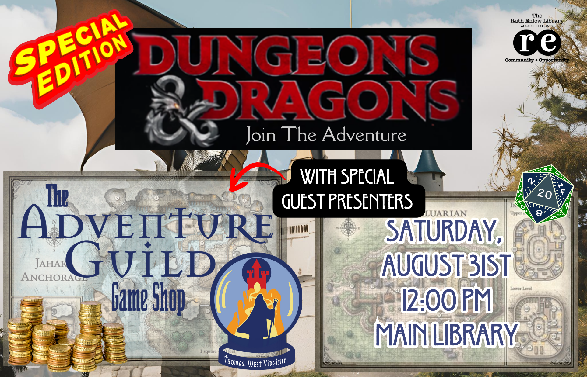 Dungeons & Dragons logo, REL logo, The Adventure Guild Game Shop logo, 