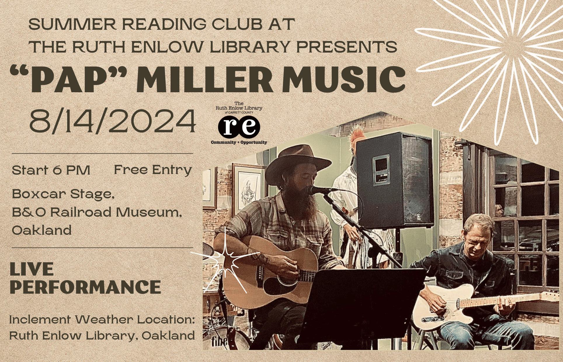 REL logo, photo of Josh "Pap" Miller and Shane Schoenadel, advertisement for end of Summer Reading Club concert
