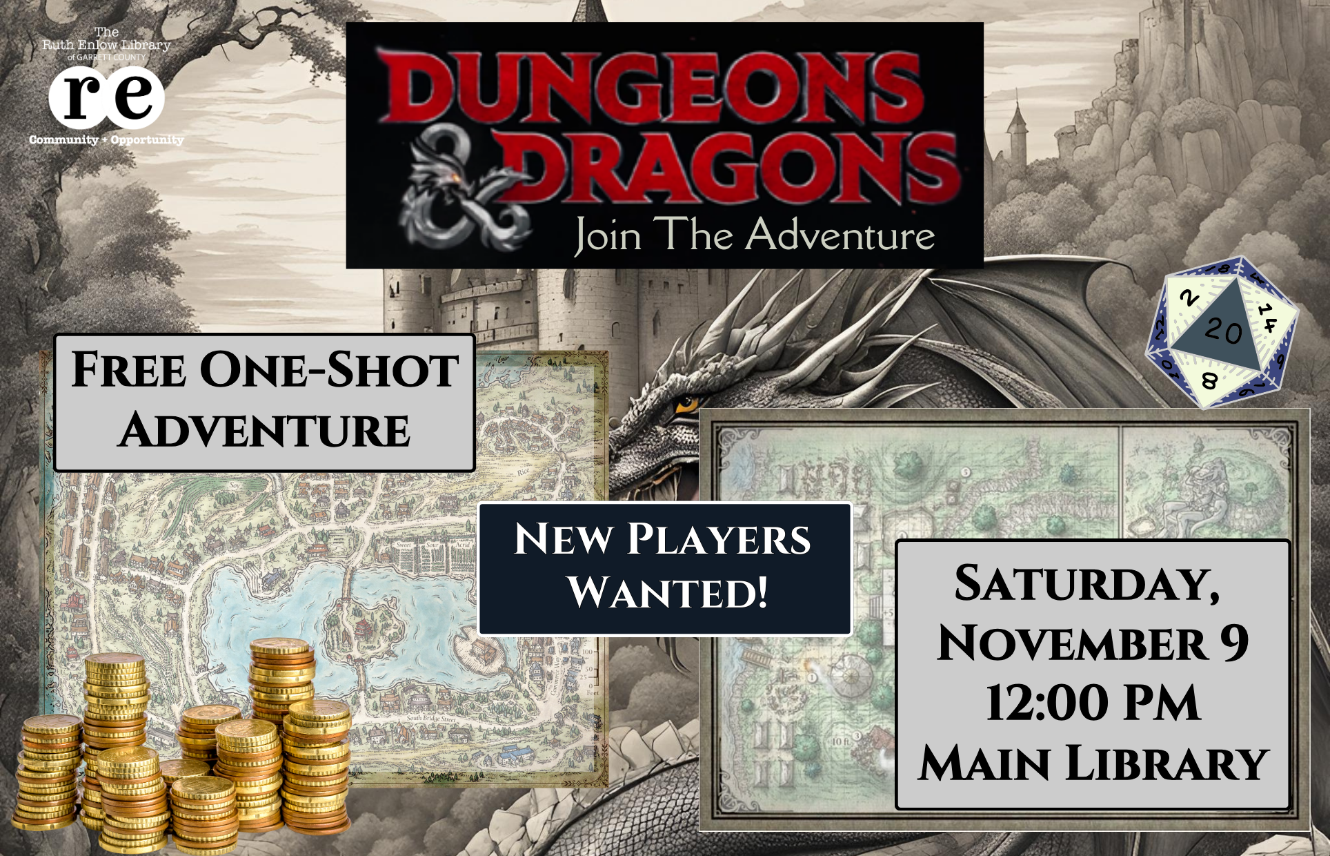 REL logo, D&D logo, coins, die, D&D campaign maps, dragon, castle