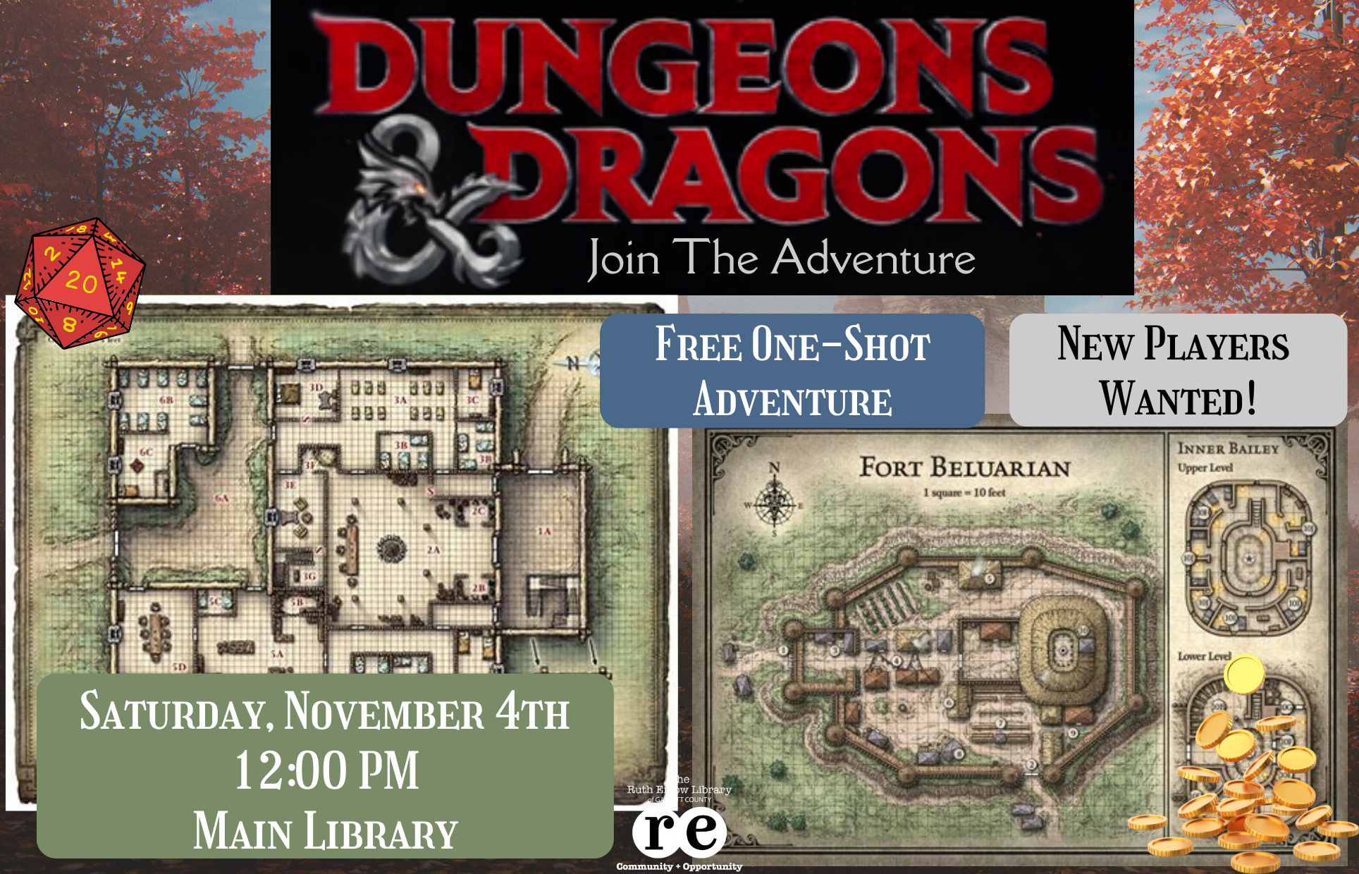 D&D maps, die, and coins