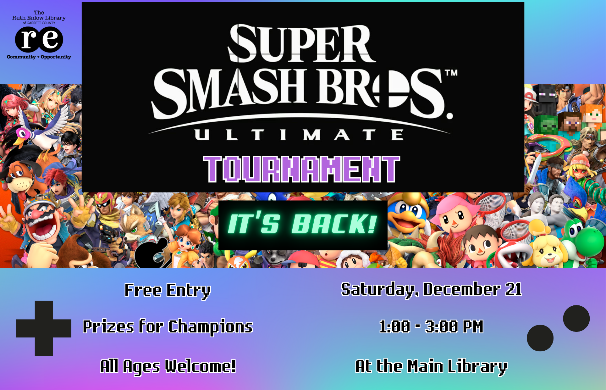 super smash brothers characters, REL logo, advertisement for super smash bros. 