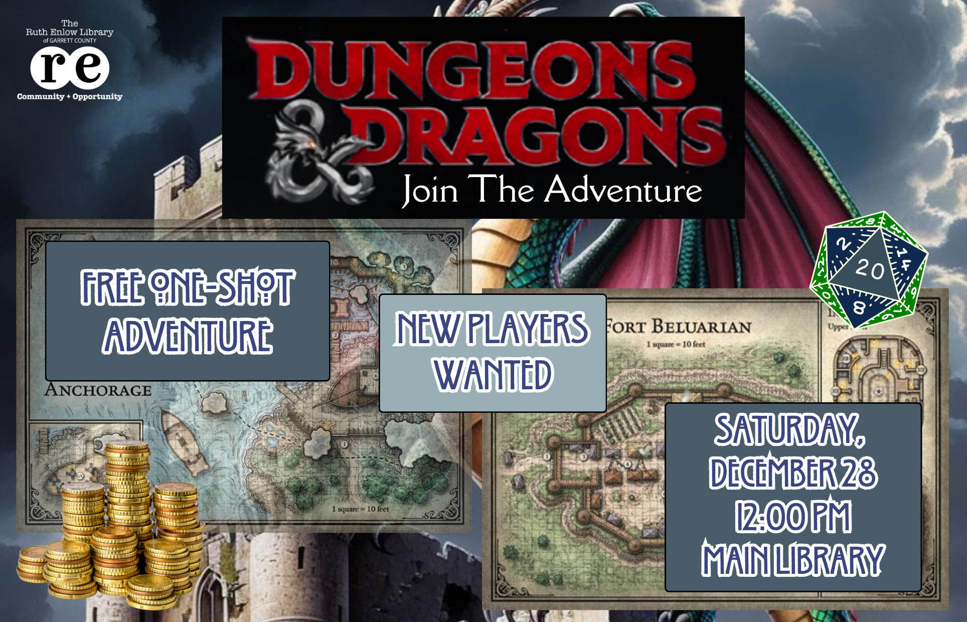 REL logo, D&D logo, dragon guarding castle, D20 die, D&D campaign/quest maps, coins