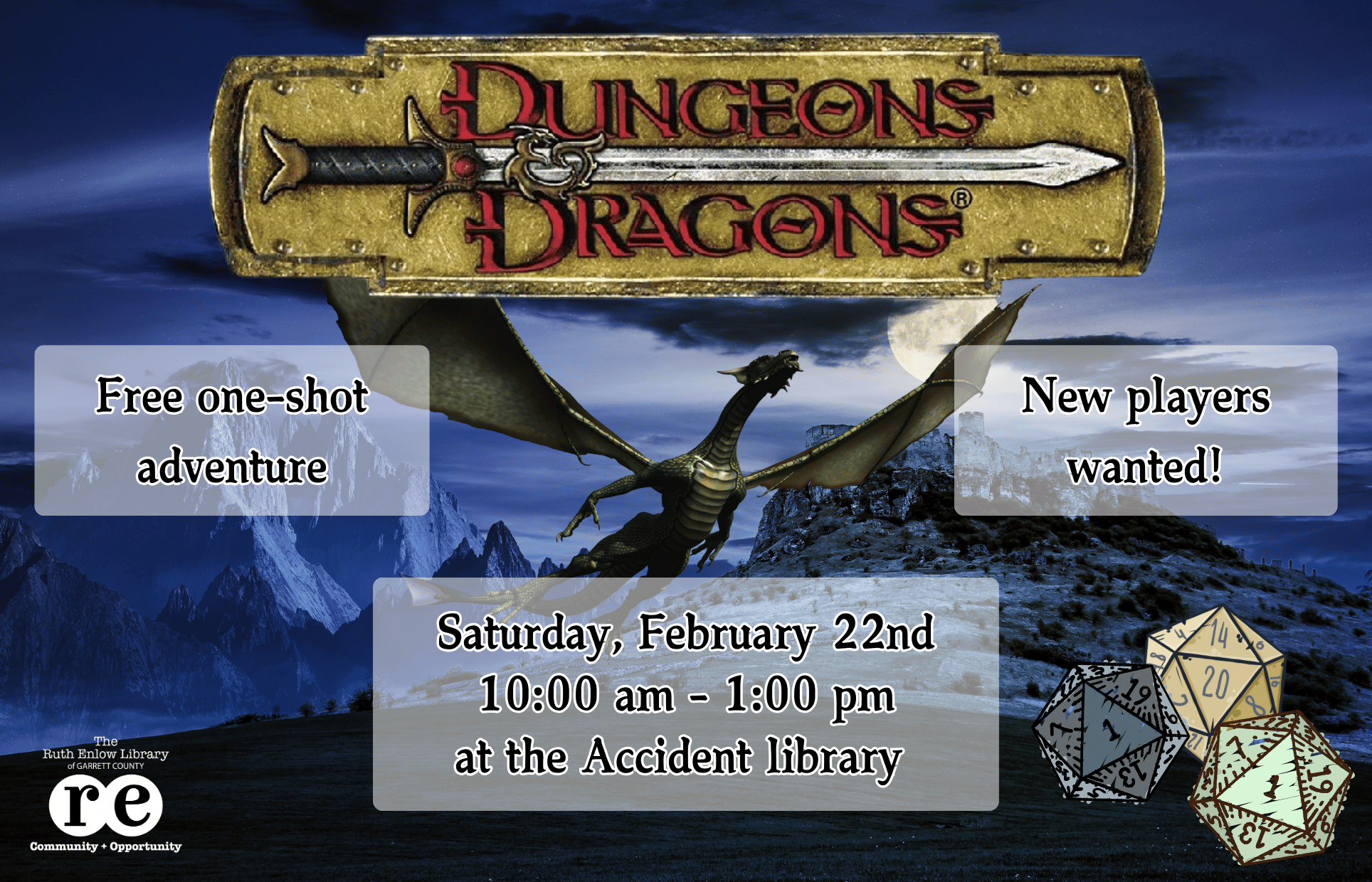 D&D logo, REL logo, castle, dragon, D20 dice