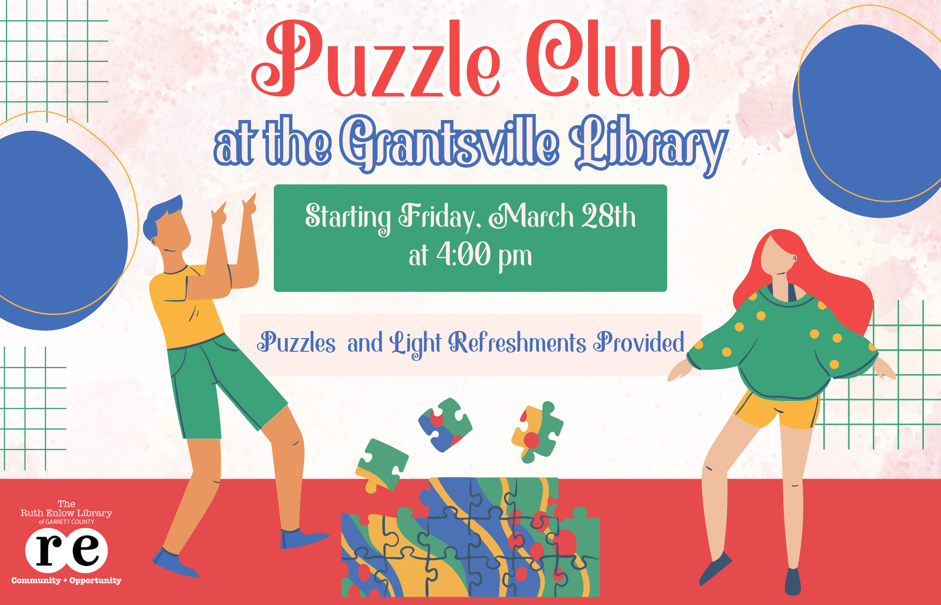 REL logo, puzzle, graphics, people, ad for Puzzle Club at the Grantsville Library