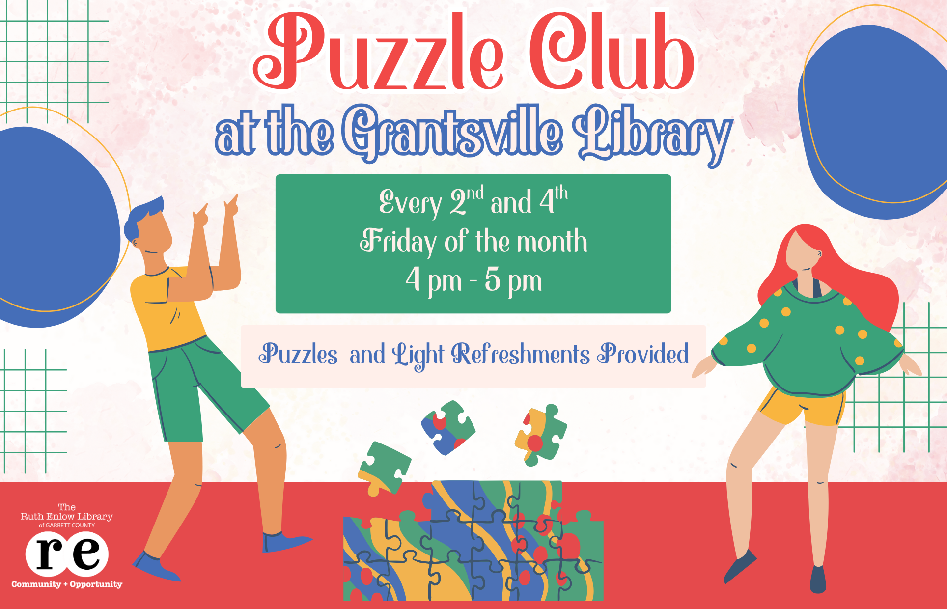 REL logo, puzzle, graphics, people, ad for Puzzle Club at the Grantsville Library
