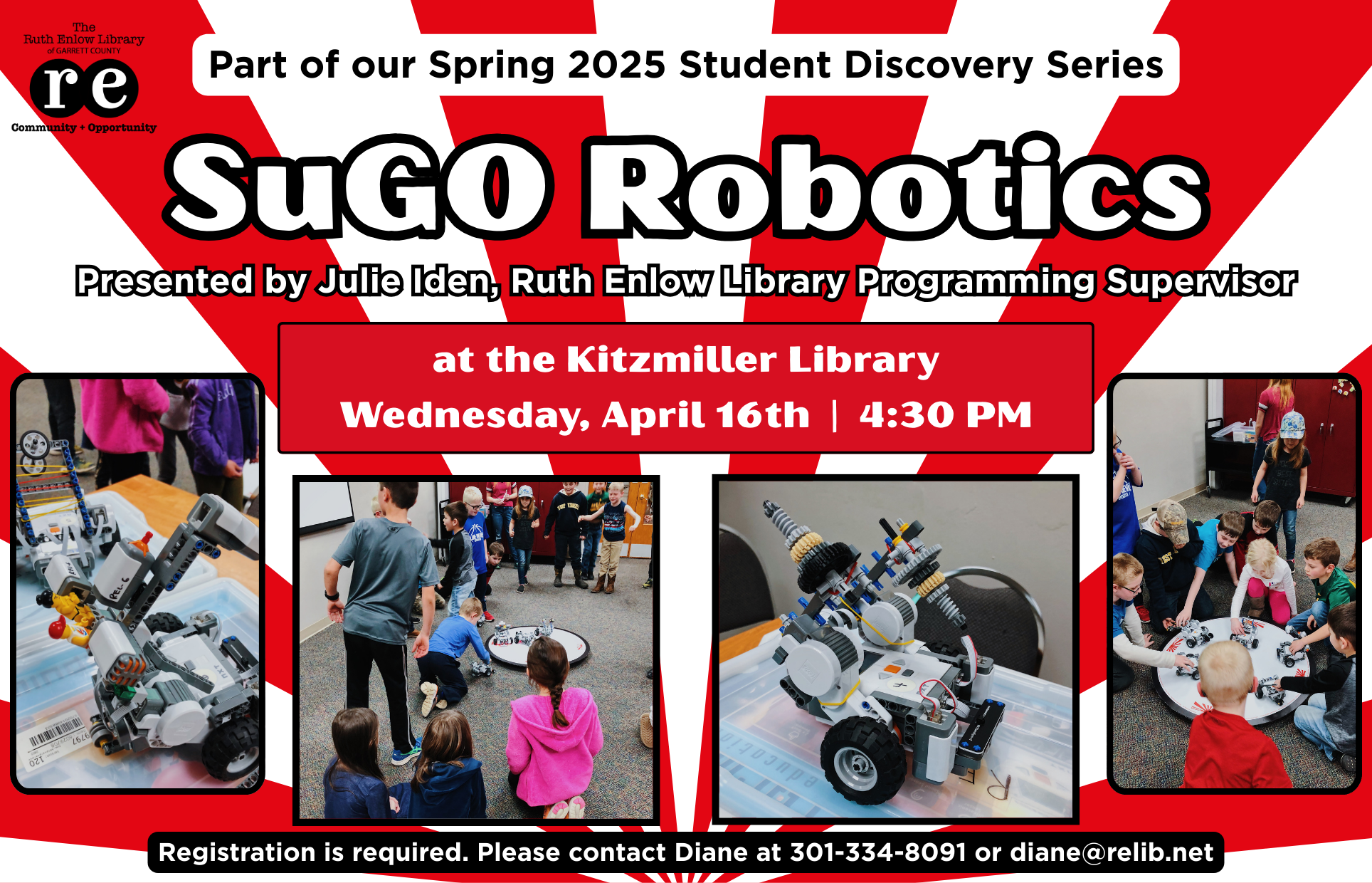 REL logo, photos of REL patrons battling SuGO robots, SuGO robots
