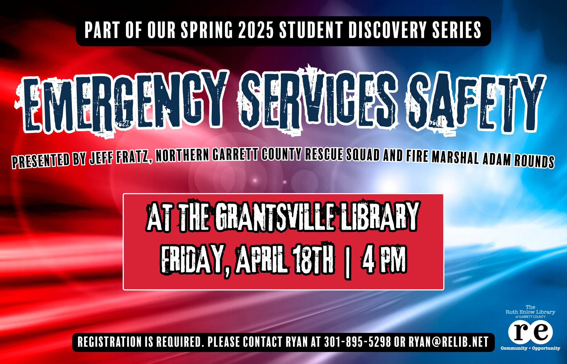 REL logo, siren lights in background, ad for Student Discovery Series program