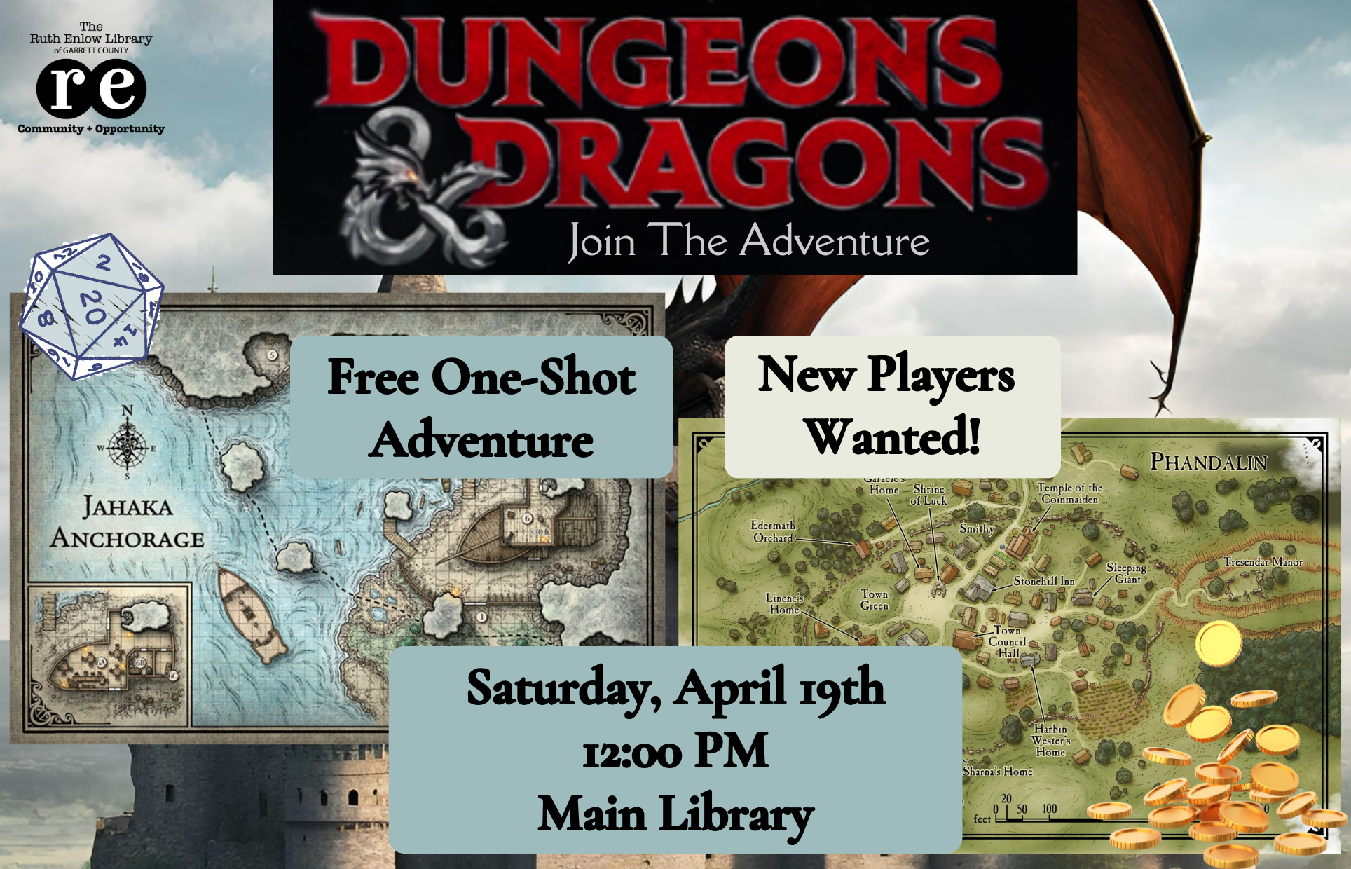 REL logo, D&D logo, dragon guarding castle, coins, D20, D&D campaign maps